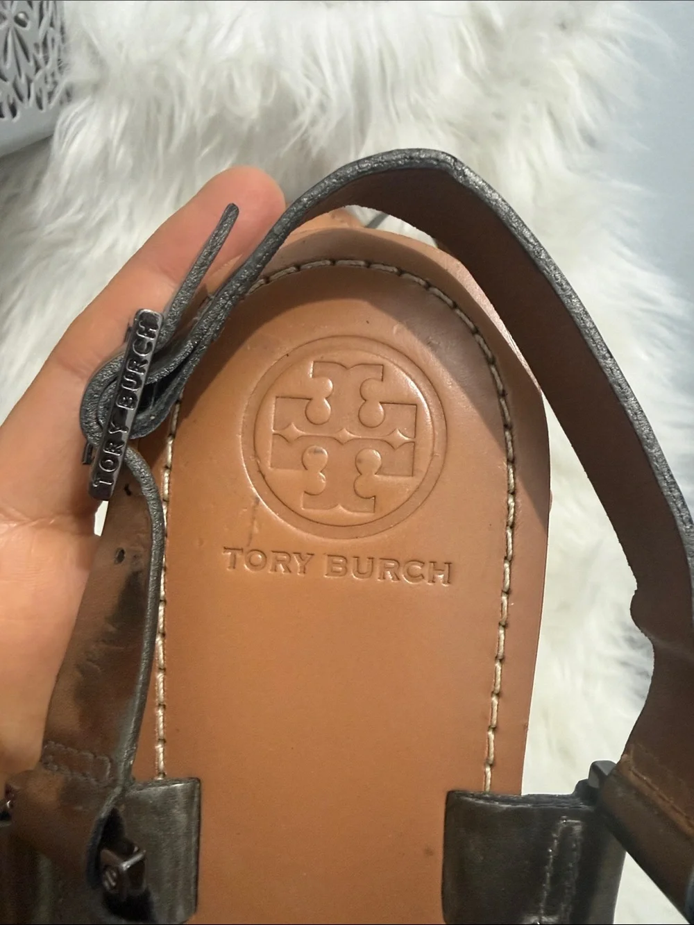 Tory Burch Metallic Pewter Logo Perforated Toe-Loop Sandals